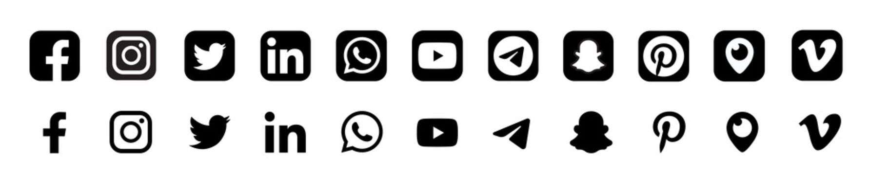 Realistic social media logotype collection: Facebook, instagram, twitter, youtube, linkedin, snapchat, telegram, pinterest, whatsap, periscope, vimeo. Social media icons. - stock vector editorial.