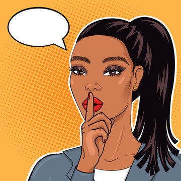 African american businesswoman in pop art retro cimic style with finger on lips for quiet please, stop talking, keeping business secret strategy