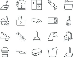 household vector icon set such as: detergent, bin, scoop, microwave, vegetable, plunger, unclog, basin, boil, waste, technology, protective, box, packaging, drawing, protection, mitten, hang, mittens