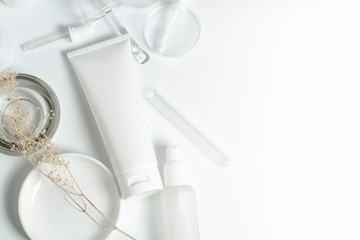 beauty spa medical skincare and cosmetic lotion cream oil bottle packaging on white decor background, healthy and medicine concept