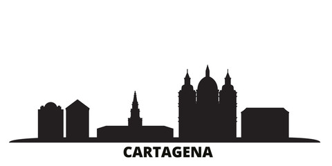 Colombia, Cartagena city skyline isolated vector illustration. Colombia, Cartagena travel cityscape with landmarks