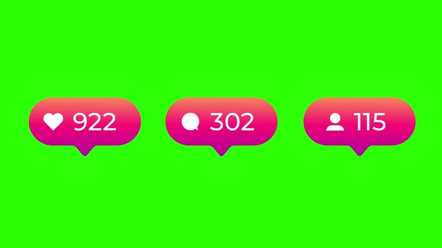Red and pink gradient social media round likes, comments and followers counters. Green screen can be removed with color key effect to make transparent background.