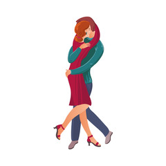 Cute happy couple man and woman hugging lovingly. Vector illustration in flat cartoon style.