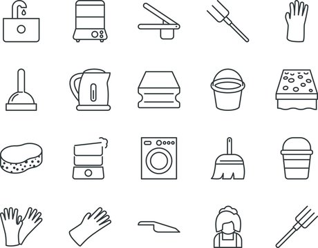 household vector icon set such as: antique, maid, tea, washbasin, load, kettle, mop, warm, wc, front, spice, pour, cartoon, element, people, heat, life, clove, basin, unclog, care, waste, closeup