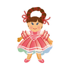 Cute happy smiling brown-haired girl doll with a long braid in the red dress. Vector illustration in flat cartoon style.