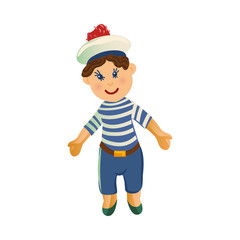 Cute happy smiling brown-haired boy doll in the clothes of a sailor. Vector illustration in flat cartoon style.