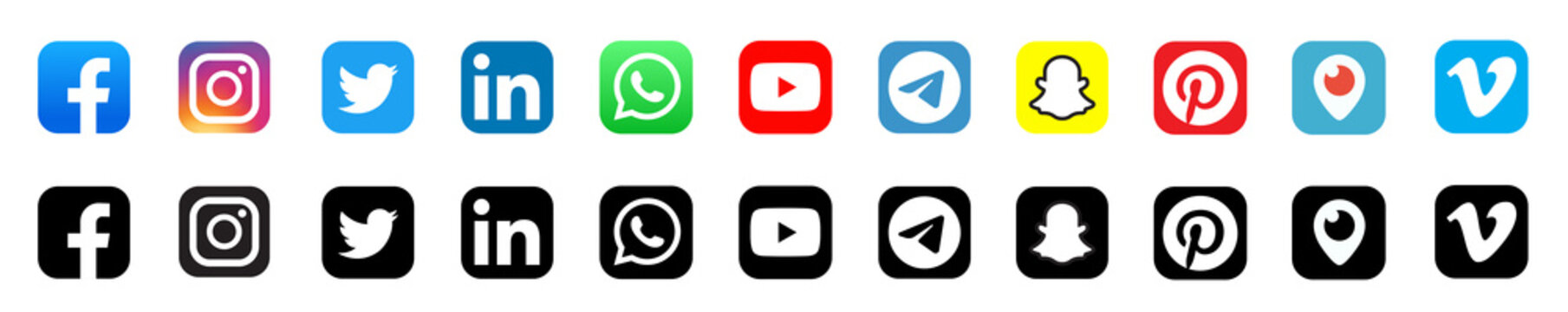 Realistic social media logotype collection: Facebook, instagram, twitter, youtube, linkedin, snapchat, telegram, pinterest, whatsap, periscope, vimeo. Social media icons. - stock vector editorial.