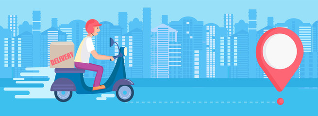 Fast and free delivery service. Carry in short time on scooters.Food and other shipping apps for mobile and websites.Quick and express bike deliver. Advertise for restaurants, caffees,pizzerias.Vector