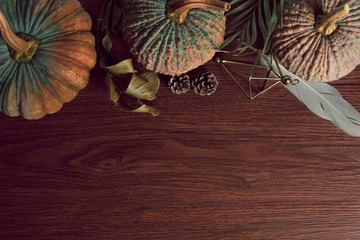 happy holiday of thanksgiving festive celebration with pumpkin dinner food decoration on vintage wood table background