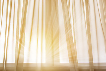 ray of sun light shines through transparent curtain from outdoor to hotel room