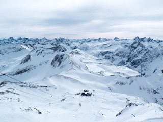 Panoramic view of the ski resort in Alps.