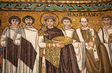  Mosaic of Byzantine emperor Justinian, Bishop Maximian, general Belisarius and attendants in...