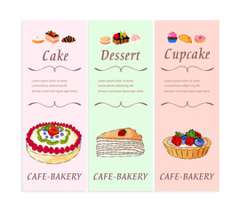 Bakery and pastry shop desserts banner set with text. Fresh sweet foods cupcakes, donuts and other baking products Cafe menu flyer design.