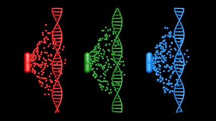 Pill capsule opens and releases drugs to DNA strand. Drug molecules interacting with DNA . Pharmacogenomics , Pharmacogenetics themes. 3d rendering