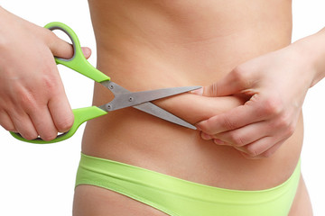 fat woman cut belly fat liposuction concept isolated on white background