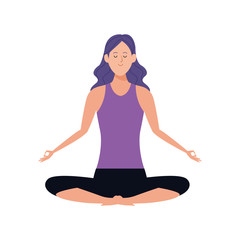 cartoon woman doing yoga lotus pose icon, flat design