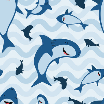 Shark pattern with blue colors and waves