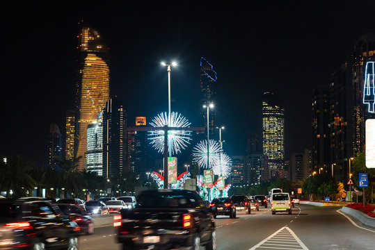 Abu Dhabi Downtown Corniche Road Decorated For The UAE National Day Celebration At Night