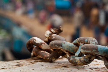 44mm Ship studless link anchor heavy Chain. close-up views. Old worn out Texture and background.