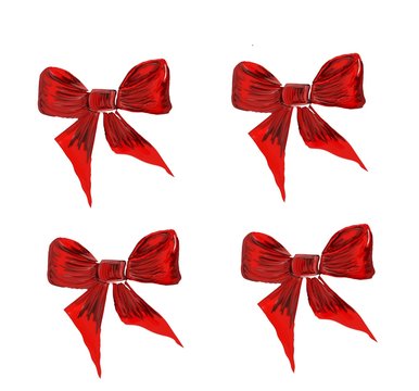 Handmade seamless pattern of red festive Christmas bows on a white isolated background for printing on wrapping paper, decorating a gift or greeting card for Valentine's Day and all lovers