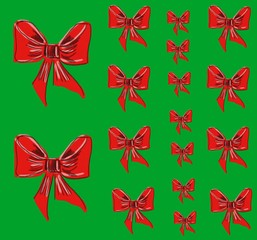Handmade seamless pattern of red festive Christmas bows on green isolated background for printing on wrapping paper, decorating a gift or greeting card for Valentine's Day and all lovers
