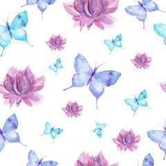 Fototapeta na wymiar Tender butterflies and water lily flowers seamless pattern. Hand drawn, watercolor. Isolated on white. Realistic trendy background. Design for textile, wallpaper, gift paper, holidays. Spring. Summer.