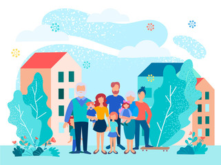 Fototapeta na wymiar Family on vacation on the background of the Park and the City. Big happy family concept vector illustration.