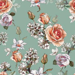 Floral seamless pattern with watercolor roses, cherry blossom and peonies.