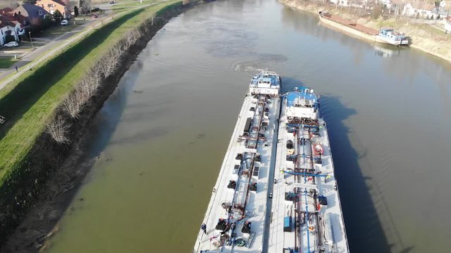 Tanker ship in river Aerial above