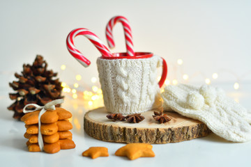 Christmas homemade gingerbread, milk, cocoa, marshmallows, candies on a wooden plate by the window.copy space, soft focus