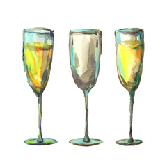 Watercolor illustration. Wine glasses, champagne glasses, sparkling wine.