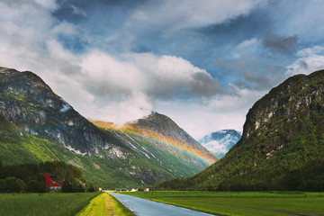 Stardalen, Skei I Jolster, Jostedalsbreen National Park, Norway. Beautiful Sky After Rain With Rainbow Above Norwegian Rural Landscape. Agricultural And Weather Forecast Concept