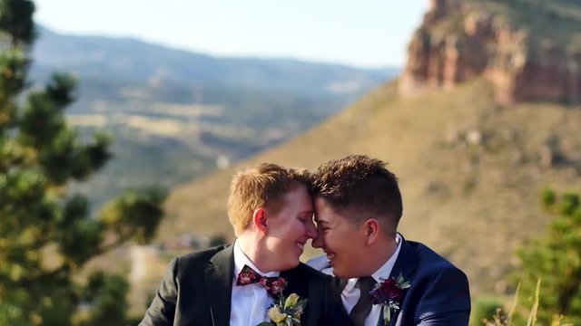 A newly married queer couple sit forehead to forehead and smile at each other on the mountainside