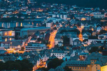 Alesund, Norway. Night View Of Residential Area In Alesund Skyline. Cityscape In Summer Evening