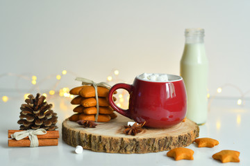 Christmas homemade gingerbread, milk, cocoa, marshmallows, candies on a wooden plate by the window.copy space, soft focus