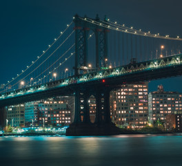 manhattan bridge lighting lights night river bay sky skyline new york