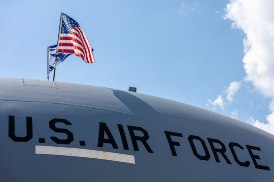 BERLIN - APRIL 27, 2018: US Air Force inscription on the fuselage of Boeing C-17 Globemaster. Exhibition ILA Berlin Air Show 2018.