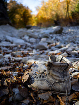 Lost and abandoned boot in a dry creek river bed in autumn at Barton Springs in Austin Texas with colorful foliage 