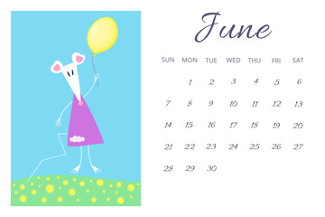June calendar sheet 2020 with cute cartoon triangle shaped white rat or mouse - symbol of New Yer in Chinese horoscope. 