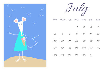 July calendar sheet 2020 with cute cartoon triangle shaped white rat or mouse - symbol of New Yer in Chinese horoscope. 