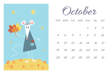 October calendar sheet 2020 with cute cartoon triangle shaped white rat or mouse - symbol of New Yer in Chinese horoscope. 