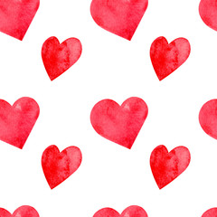 Seamless pattern with hand painted watercolor red hearts on white background. Perfect for Valentine's