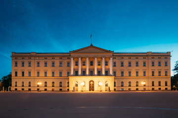 Fototapeta na wymiar Oslo, Norway. Royal Palace - Det Kongelige Slott In Summer Evening. Night View Of Famous And Popular Place