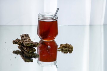 Cereal bars of peanut, Oats, nuts, honey, chia seeds and dry fruit for making granola, muesli, energy bars. Healthy lifestyle concept