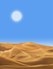 Vector illustration of desert panorama landscape with sand dunes on very hot sunny day summer, Minimalist panoramic cartoon nature empty sand and sun with clean sky.