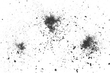 Black charcoal dust explosion, gunpowder isolated on white background and texture, top view