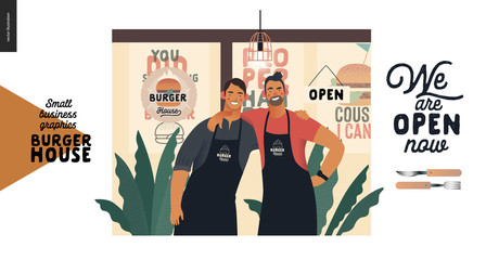 Burger house -small business graphics - owners -modern flat vector concept illustrations -two young men wearing branded aprons standing embraced in front of their restaurant, caption, cutlery