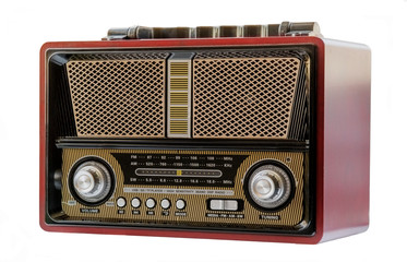 radio antigua, tradicional de color rojo oscuro, negro, dorado ,amarillo y plateado 