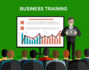 Training staff, business presentation, meeting, financial report, business school. Flat illustration. Modern flat design for websites, web banner, infographics, printed materials. Vector illustration