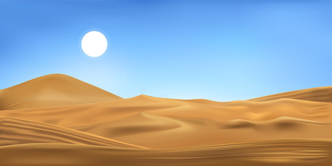 Vector illustration of desert panorama landscape with sand dunes on very hot sunny day summer, Minimalist panoramic cartoon nature empty sand and sun with clean sky. - obrazy, fototapety, plakaty